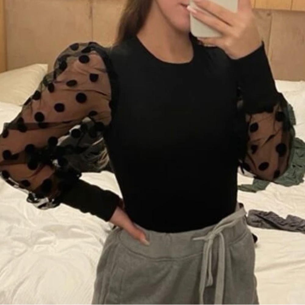 Black sheer puff long sleeve polka dot blouse - Picture 1 of 8